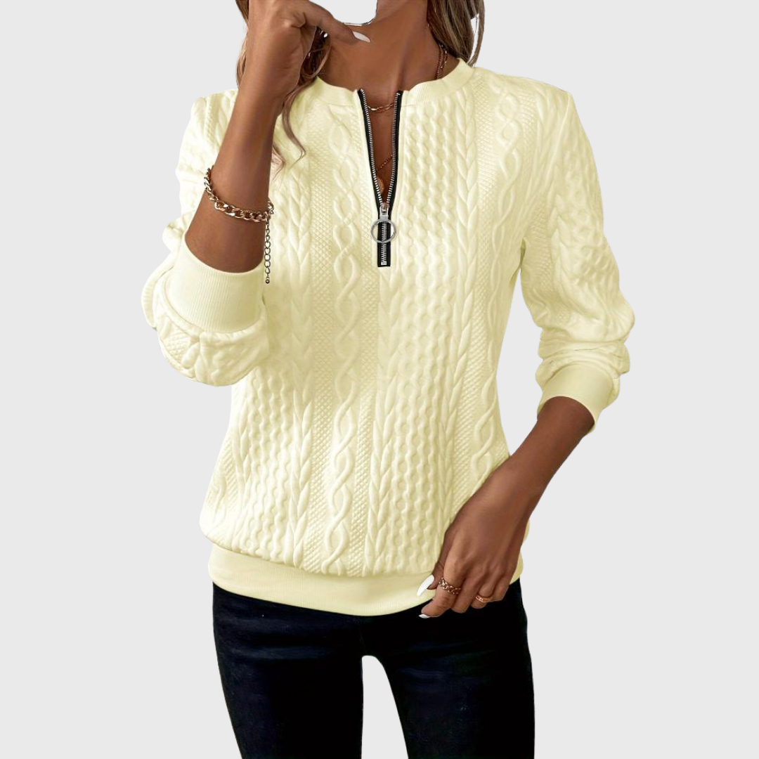 Елена - Дамски пуловер с цип и плетен модел